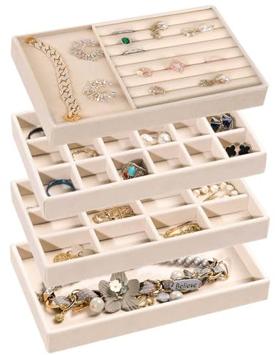 4 Pezzi Porta Gioielli da Cassetto,Organizer Gioielli da Cassetto Vassoio Portagioielli Velluto Impilabili Organizer Cassetti Bijoux con Divisori Rimovibili, Per Conservare Orecchini, Collane, Anelli