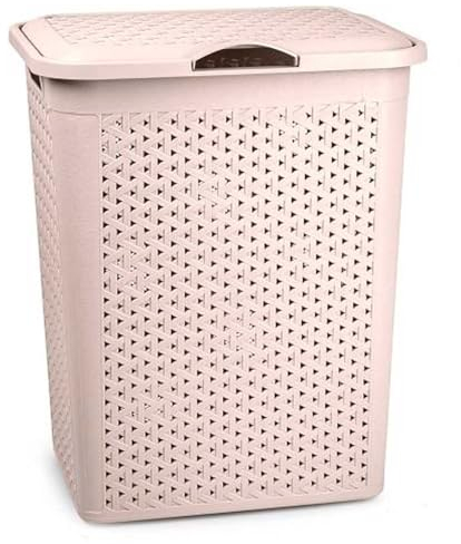 Tradineur - Cesto para Ropa Sucia con Tapa y Asas, pongotodo de plástico, Cubo para Colada, imitación de Mimbre, Fabricado en España (Beige - 38 litros - 49 x 38,5 x 29,5 cm)