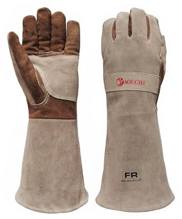 AOUCHI Leather Welding BBQ Fire Gloves, Fireproof Heat-Resistant Long Sleeve Mitts for TIG/MIG, Log Wood Burners, Firefighting, Barbecue, Fireplace, Oven, Stove, Grill, Animal Handling (Medium)
