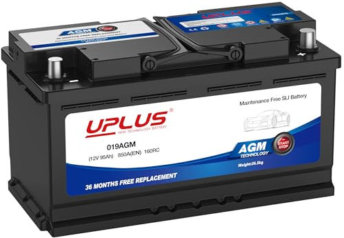 UPLUS 019AGM Car Battery, 12V 95Ah Maintenance Free Automotive Start-Stop Battery, 850A 160RC, High Performance Batteries Type 019 Agm 353L x 175W x 190H(mm)