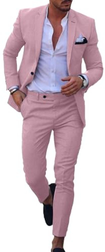 Conjunto de traje de lino para hombre, esmoquin casual, 2 piezas, blazer de ajuste regular, chaqueta y pantalones sólidos con un botón, para graduación, boda, fiesta, rosa, 48