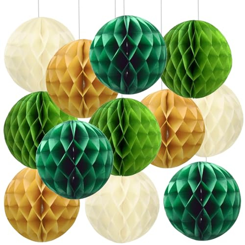 We Moment Zone 12 Stück Salbei Grün Cream und Gold Papier Wabenbälle,Seidenpapier Honeycomb Balls for Retro Grün Gold Braut Hochzeitsdekorationen Party Dekoration(6inch，10inch)