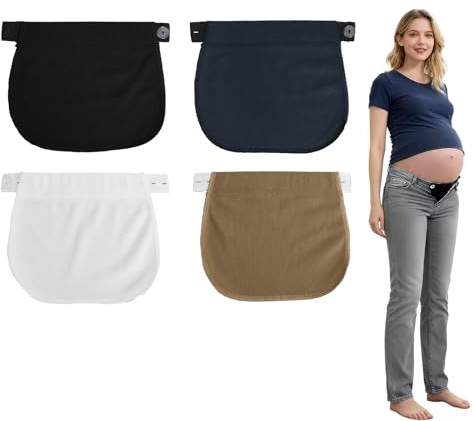 4-Pack Adjustable Waist Extender for Trousers | Maternity Trousers Extender | Button Extender with Removable Elastic & Coverage Panel | Soft Ribbed Fabric (White, Black, Khaki, Blue)