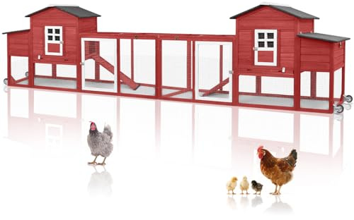 Magazoopet 158 L Large Chicken Coop with Run, Chicken House with Nesting Boxes, Wheels, Outdoor Mobile Hen Chicken Coop Poultry Cage with Removable Tray, Ramp (Red)