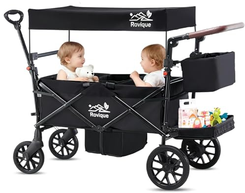 Carrozzina pieghevole per 2 bambini, con tetto e vassoio rimovibile, porta con chiusura lampo, cintura a 5 punti, manico regolabile, carrello con sedile, trascinamento e scorrimento