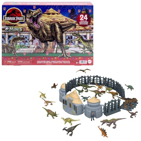 Mattel Jurassic World - Calendario dell'Avvento 2026, 24 giorni di sorprese a tema Visitatori dell'isola di Jurassic Park, include mini dinosauri, personaggio e accessori, 4+ anni, JLD23