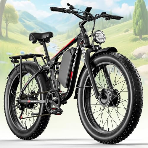 PUJH Electric Bike, 52V 25Ah 4000W Dual Motors, 24 Fat Tires Adult, Up to 110 Mile Range, Full Suspension, Hydraulic Brakes Class 3 Ebike, for Off-Road Mountain Riding Adventures (Black)