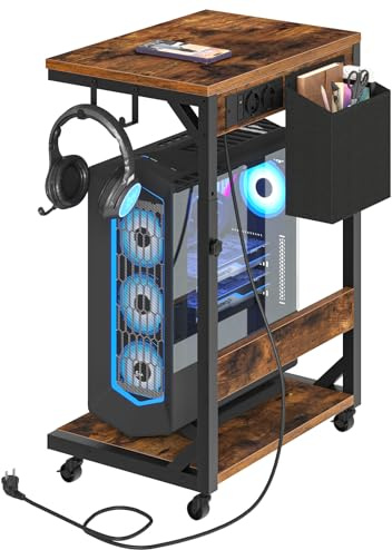 HOOBRO Soporte de Ordenador, Soporte de Impresora con Base de Carga y Ruedas, 2 Ganchos y 1 Bolsa de Tela, Altura Regulable, para Sala, Dormitorio o Despacho, Marrón Vintage y Negro EBF02CZJ01