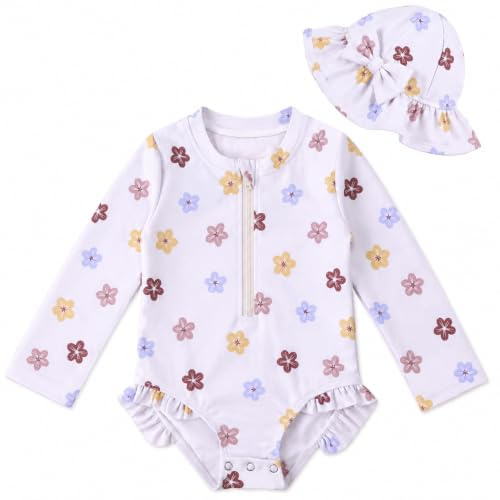 Traje de Baño para Niñas Pequeñas, Bañador con Gorro para el Sol y Manga Larga, Protección UPF 50+, con Cremallera, para Niñas de 3 a 36 Meses, Ideal para la Playa y la Piscina