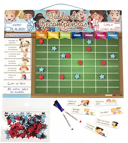 TABELLA DELLE RICOMPENSE Magnetica Grande | Lavagna dei Rinforzi per Parete o Frigorifero, 43x32 cm 22 Attività, 2 Pennarelli e 1 Palloncino | Scatola regalo per bambini e compleanni (Francese)