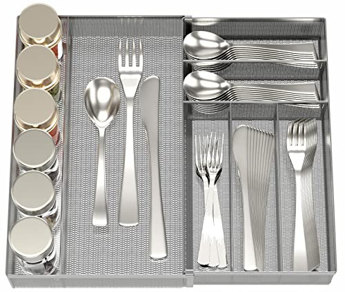 JANE EYRE Utensil Drawer Organizer - Expandable Cutlery Tray, Silverware/Flatware Storage Divider for Kitchen, Mesh Designing with Non-slip Rubber Feet (Silver)