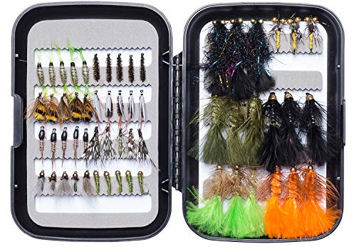 Bassdash Pesca Mosche Artificiali Esche Set Assortimento di Mosche Trota Bass con Fly Box Pezzi con Mosche secche/bagnate, ninfe, Stelle filanti, Popper