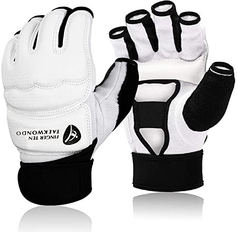 Taekwondo Gloves Men Women Kids Half Finger Leather for Martial Arts Training Equipment MMA Sparring, Wrist Wraps Support EVA Pad Gear Mitts fit Punch Grappling Gym (White, XL)