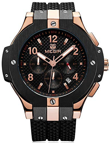 MEGIR Montre Homme de Or Rose Grand Cadran - Bracelet Silicone Noir - Aiguilles Lumineuses - Militaire Chronographe et Imperméable