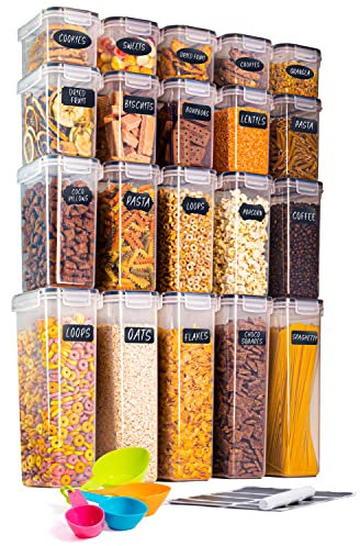 nuovva Airtight Food Storage Container Set – 20pcs Kitchen & Pantry Organiser and Storage – Plastic Cereal Storage Containers with Lid – Kitchen Organiser Jars with Measuring Spoons, Marker & Labels