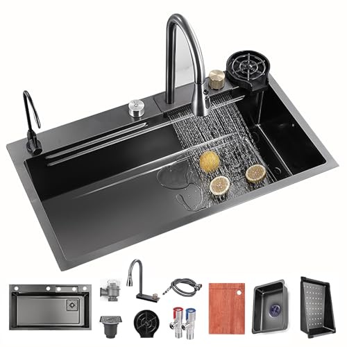 Spülbecken Küchenspüle Waschbecken Küche Edelstahl, Waterfall Spüle Küche Schwarz Mit Cup Washer, Einbauspüle Küchenwaschbecken Glasspüler Für Spülbecken, Integrierte Spüle Mit Wasserhahn Wasserfall (