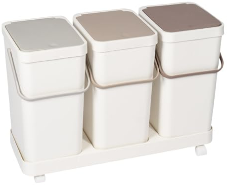 genialo Mülltrennsystem 3 Fächer à 16 l, auf Rollen, Mülleimer mit Henkeln einzeln entnehmbar, Sammelbehälter mit Deckel, Recycling System