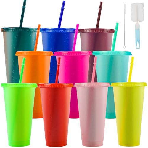 Galerie SV 10 Stück Mehrwegbecher mit Deckel, 710ML Trinkbecher mit Deckel und Strohhalm, Bunte Wiederverwendbare Kunststoffbecher Kinder Tasse für Kaffee Kaltgetränk Saft Partybecher Reisebecher