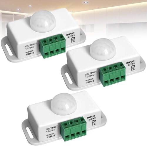 3 Stück Koerper Infrarot PIR Sensor: DC 12V 24V Infrarot Sensor Schalter Automatik, Bewegungsm Aussen Bewegungsmelder Schalter für LED Streifen/Leuchtmittel, weiß