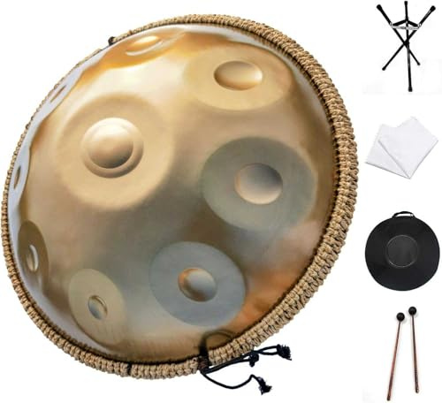 Handpan Drum Instrument In D Minor 9/10 Notes 432Hz 22 Inches - Steel Hand Drum Set With Bag, Mallets, Stand, And Cloth - Handpan In D Min (in Gold)