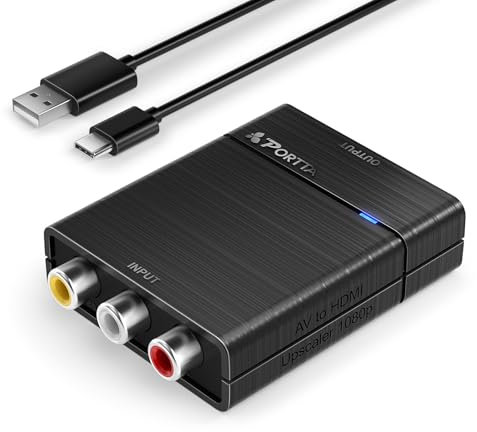 PORTTA RCA auf HDMI Adapter, Composite CVBS AV zu HDMI Konverter 1080P, AV auf HDMIOUT Adapter Upscaler, Unterstützung PAL/NTSC, Compatible mit VHS, VCR, PS3, N64, Wii, STB, Xbox, Blue-Ray DVD Players