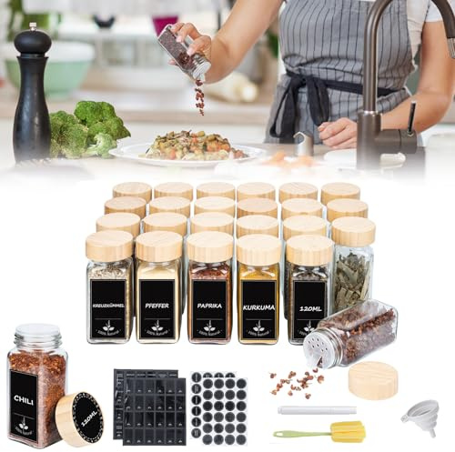 UISEBRT Set di 12 barattoli per spezie, rettangolari, con etichette, per spezie, in vetro, 120 ml, ermetici con inserto per spargimento, imbuto, spazzola per la pulizia, coperchio in legno