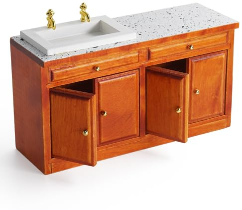 Odoria Miniatura Fregadero para Casa de Muñecas: Escala 1/12 Isla de Cocina para Restaurante Baño Vintage - Mini Aparador Muebles Madera Marrón Antiguo
