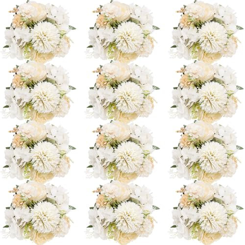 OJMHD 12 Bundles White Artificial Peony Flowers, Fake Rose Silk Bouquet Bulk, Faux Hydrangea Flowers for Wedding DIY Table Centerpiece Floral Vase Home Bridal Decor