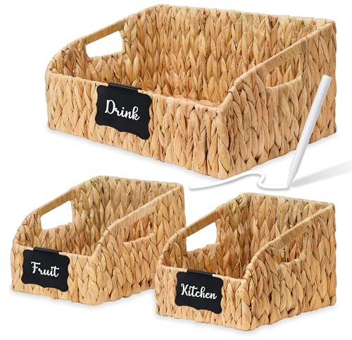 Stylave Pantry Baskets and Organizers, Large Wicker Baskets for Shelves, Handwoven Labeled Storage Basket for Organizing with Handles-Water Hyacinth Storage Bins, Boho Decorative, 3Pack, Natural