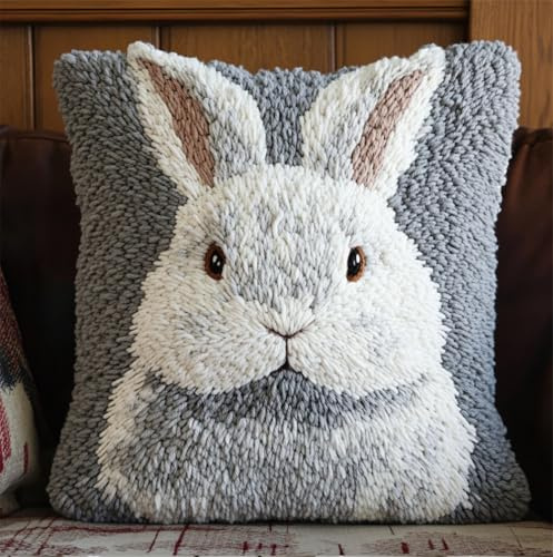 ORLUMY Latch Hook Cushion Kits Gray Rabbit Sofa Cushion Cover Cushion Cover Embroidery Craft Kit for Adults and Beginners Pattern Printed Canvas Creativity Crochet Gift
