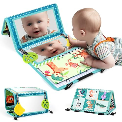 LustLocke Espejo Bebe Montessori, Juguete con Espejo para Bebé con Libro Crujiente, Libro Sensorial Plegable con Juguetes para la Dentición y Patrón de Contraste para Bebe 0-12 Meses