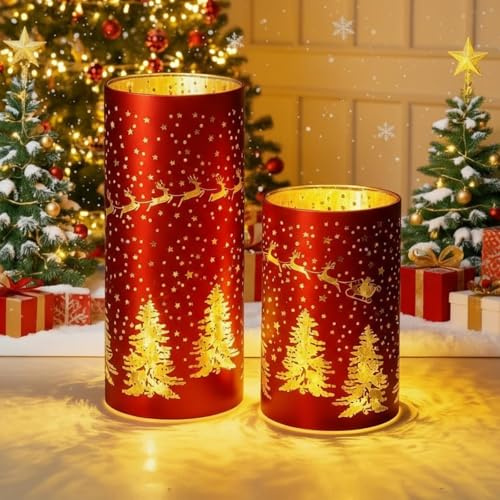 Weihnachtsdeko Tisch, 2 Stück LED Weihnachtsdeko Innen Tisch Weihnachtsbeleuchtung Windlicht Glas, Weihnachtslicht Weihnachten Deko Weihnachts Tischdeko Windlichter Weihnachten Dekoration Lampe