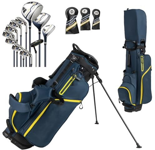 GYMAX Golf Clubs for Men Women, 12PCS Right Handed Complete Golf Set - 3 Woods (#1#3#5), 5 Irons (#5#6#7#8#9), Sand/Pitching Wedge, Putter, 3 Head Covers, Rain Hood & Stand Bag (Navy Blue)