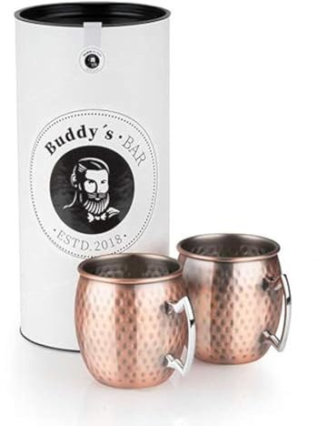 Buddy´s Bar - Moscow Mule Becher, 500 ml, hochwertiger Edelstahl-Becher, lebensmittelecht, Hammerschlag-Effekt, Cocktail-Tasse inkl. Geschenkbox, gehämmert, Kupfer Antik, 2er Set