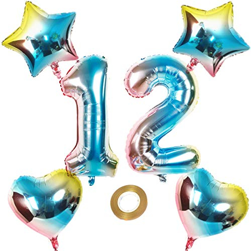 Luftballons Zahl 12 Nummer 12 Luftballon Regenbogen 12 Zahlenballon Folienballon 32 inch 80 cm XL für Mädchen Junge,Riesen Aufblasbar herz Helium Folienballon Stern Ballons Geburtstag Party Deko(12)