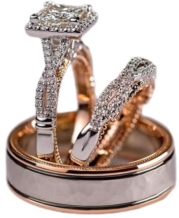 Engagement rings for couples set,3 pc His and Her Wedding Ring Set, Hypoallergenic Rose Gold Ring Set, Cubic Zirconia Bride Promise Rings Set,size 6-10 (8)