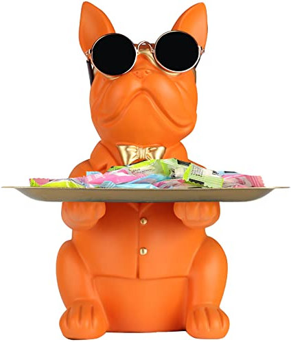 Orange Französische Bulldogge Deko Skulpturen, Schlüsselbrett mit Ablage, lustiges Sparschwein mit Schlüsselschale, Dekoschale und Deko Tablett für Wohnzimmer, Flur, Büro, Deko Wohnzimmer Modern