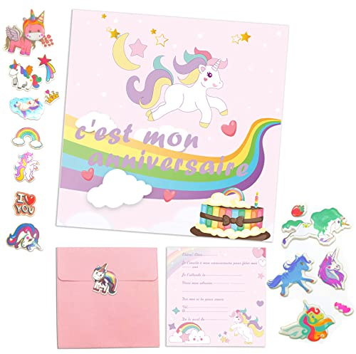 MKISHINE Set de 10 cartes invitation licorne,invitation anniversaire fille en français + Enveloppes+3d licorne stickers pour 10 invités Idéal invitation de Partie,fête anniversaire d'enfants (10pcs)