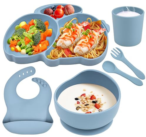 Hoseay Baby Geschirrset 6 Stücke Silikon Kindergeschirr Set Rutschfest Baby Teller mit Saugnapf Schüssel Löffel Gabel Lätzchen Becher BPA Frei Baby Essen Set für Kleinkinder Junge, Blau