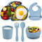 Hoseay Assiette Bébé Set Coffret Repas Bebe avec Ventouse Assiette Bol Bavoir Cuillere Fourchette Tasse 6 Pièces Silicone Sans BPA Enfant Vaisselle Kit Compatible Lave Vaisselle Micro Ondable, Bleu