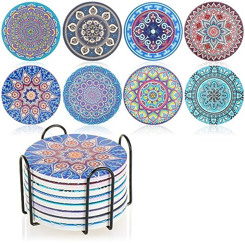 Robin Goods® 9-teiliges Untersetzer-Set mit Metallhalterung - Keramikuntersetzer mit Mandala-Mustern und Kork-Rückseite - runde Getränke-Coasters (8 Stück - Untersetzer + Halter)