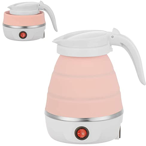 Foldable Kettle Portable Electric Kettle for Travel 0.6L 600W Food Grade Silicone Collapsible Water Heater with Separable Power Cord for Hiking Camping Travel Picnic (Pink)