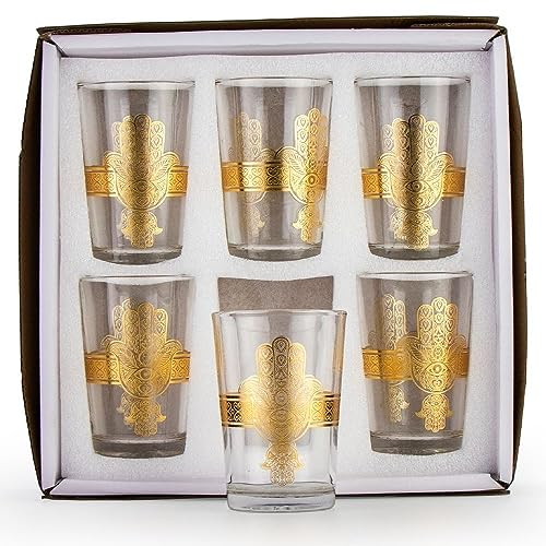 Saharashop 6 Premium Orientalische Marokkanische Teegläser Hand der Fatima Gold