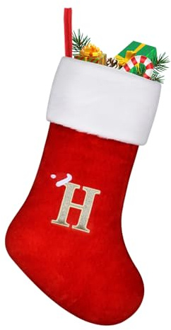 TOPWAYS Julstrumpor, stort monogram jul personliga broderade strumpor med bokstäver, röd öppen spis hängande tomte strumpor för juldekor julklapp (H)