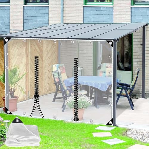 Genomskinlig PVC presenning sidopaneler med blixtlåsdörr, utomhus genomskinliga presenningsgardiner, pergola uteplats veranda carport lusthus vattentät presenning skydd med öljetter, regngardiner, L ×