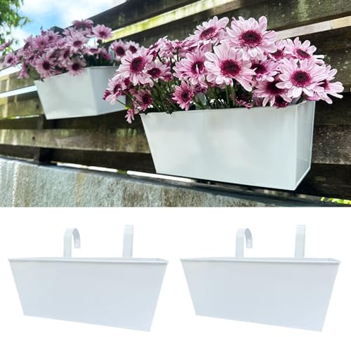 LaLaGreen Rail Hanging Planter (2 Pack, 14 Inch) Large White Metal Rectangle Plant Holder Outdoor Balcony Deck Railing Fence, Strawberry Window Flower Box for Artificial Plants Minimalist Home Decor
