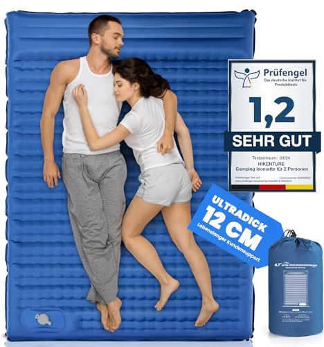 HIKENTURE Isomatte Selbstaufblasend, 12CM Doppel Isomatte Ultraleicht, Camping Isomatte für 2 Personen Aufblasbar, Schlafmatte Luftmatratze Camping Bett mit Fußpumpe für Zelt, Wandern - Dunkelblau A1