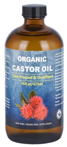VRJEUGO Castor Oil Organic Cold Pressed Unrefined Glass Bottle, Organic Castor Oil for Face, Hair Growth & Thicker Eyelashes, 100% Pure and Hexane Free, 16oz