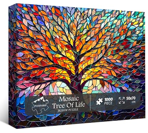 PICKFORU Stained Glass Puzzle Tree of Life Puzzles for Adults 1000 Pieces, Impossible Hard Difficult Challenging Puzzles for Adults, Colorful Mosaic Tree of Life Jigsaw Puzzle 1000 Pieces