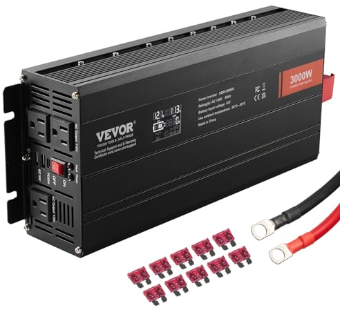 VEVOR Sinus-Wechselrichter 3000 W DC 12 V AC 230 V LCD-Display Wechselrichter mit 3 AC-Steckdosen 2 USB-Anschlüssen 1 Typ-C-Anschluss 10 Ersatzsicherungen für große Haushaltsgeräte